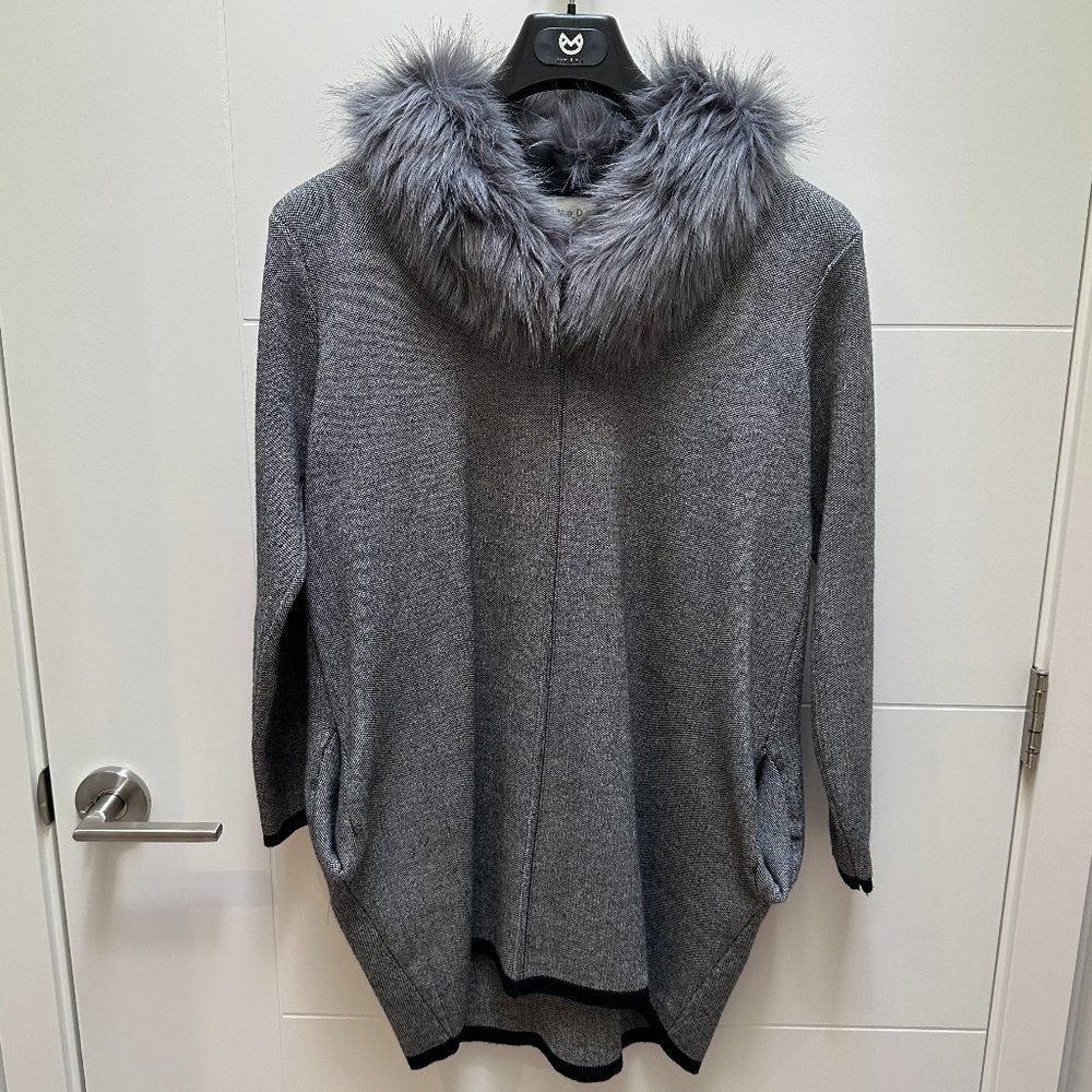 Korean Faux Fur Collared Poncho Style Sweater with Sleeves